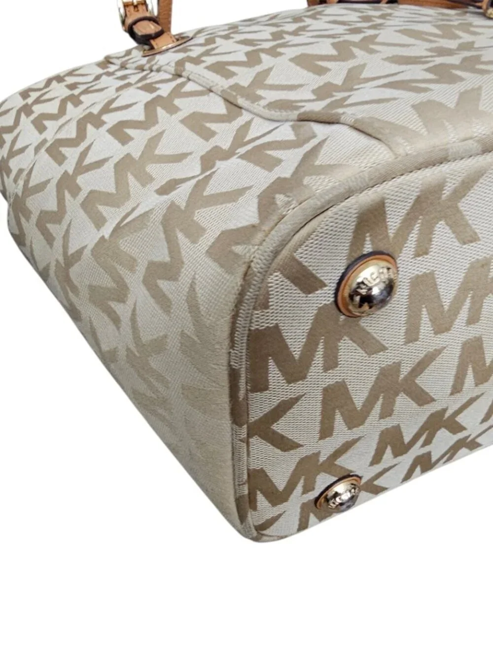 Michael Kors Jet Set Monogram Canvas Leather Boho Tote Shoulder Bag COA Beige